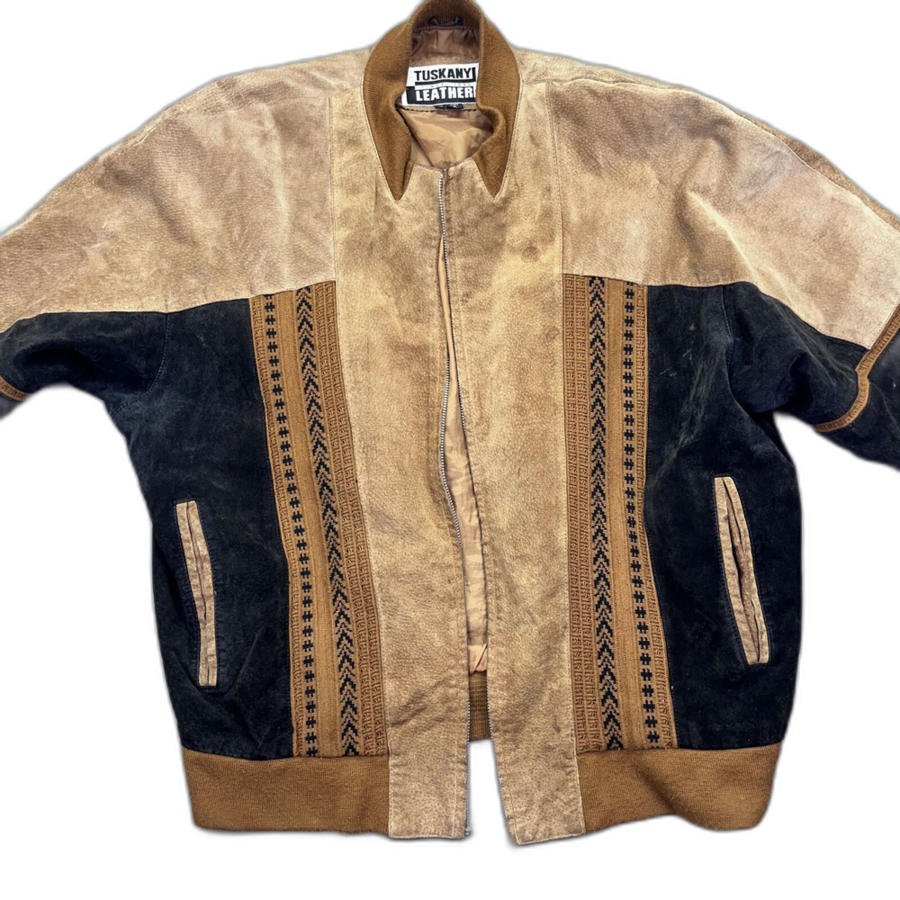 Vintage Tuskany Leather brown black‎ patch pattern bomber jacket XL - No ZIP